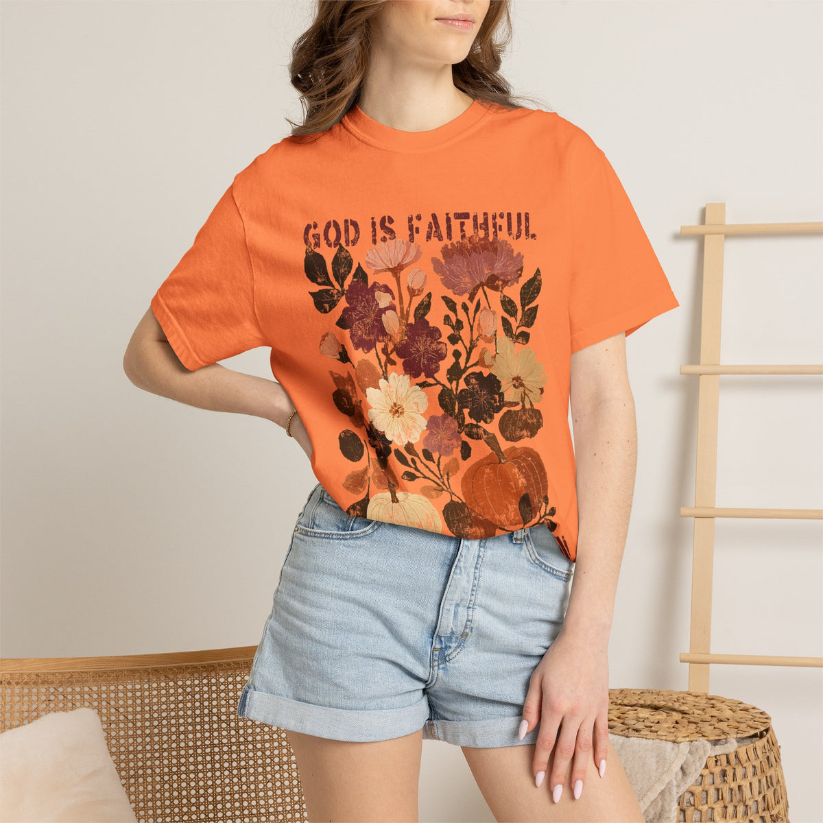 God is Faithful Floral Pumpkin T-Shirt Christian Distressed Fall Graphic Tee