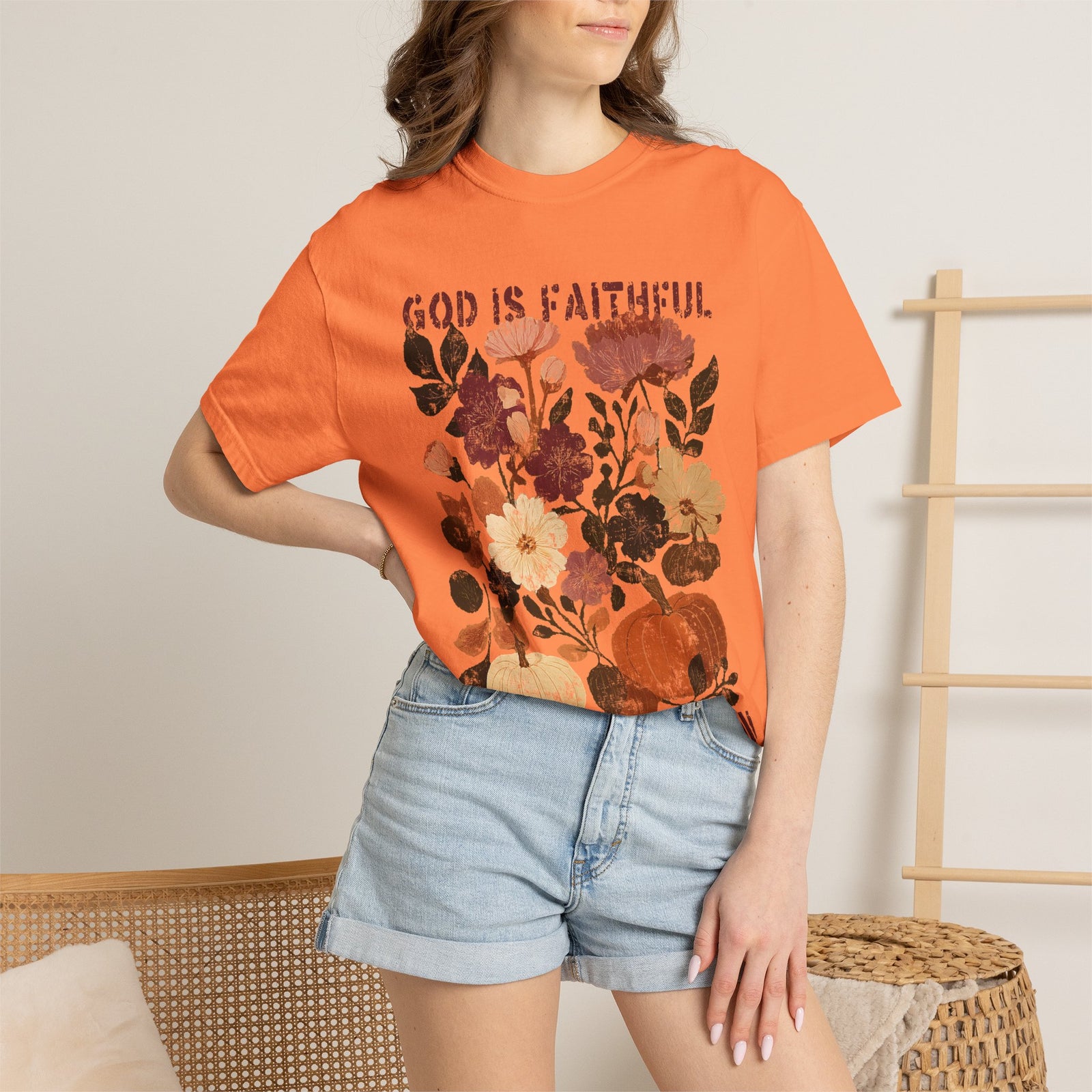 God is Faithful Floral Pumpkin T-Shirt Christian Distressed Fall Graphic Tee