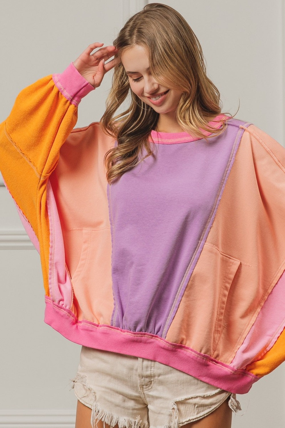 BiBi Color Block Exposed Seam Sweatshirt with Pockets - Sydney So Sweet