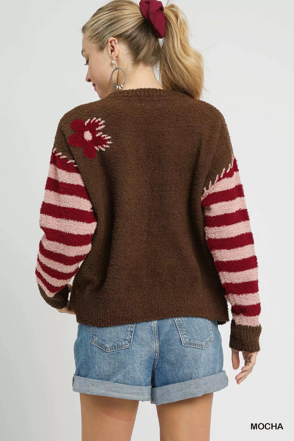 Umgee Flower Jacquard Striped Long Sleeve Sweater - Sydney So Sweet