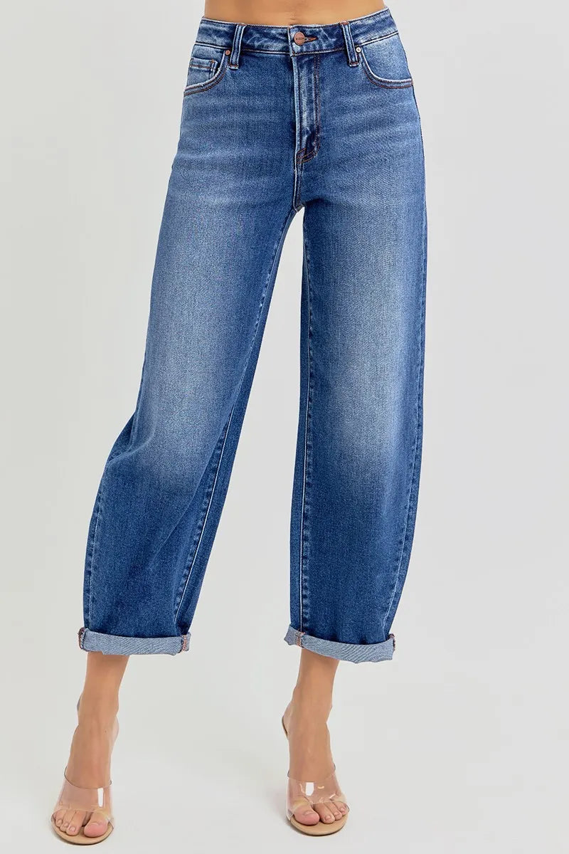 RISEN Full Size High Rise Crop Mild Barrel Jeans Plus Size - Sydney So Sweet