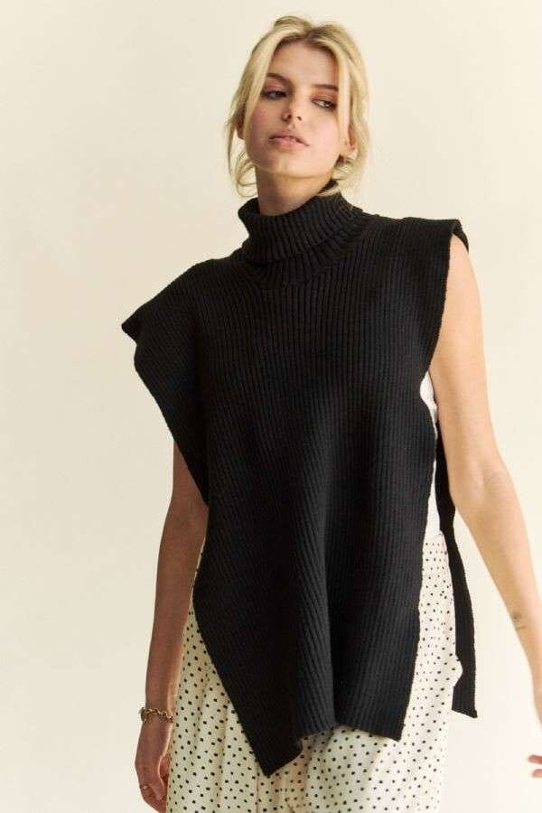 Davi & Dani Side Split Turtleneck Sleeveless Knit Top - Sydney So Sweet