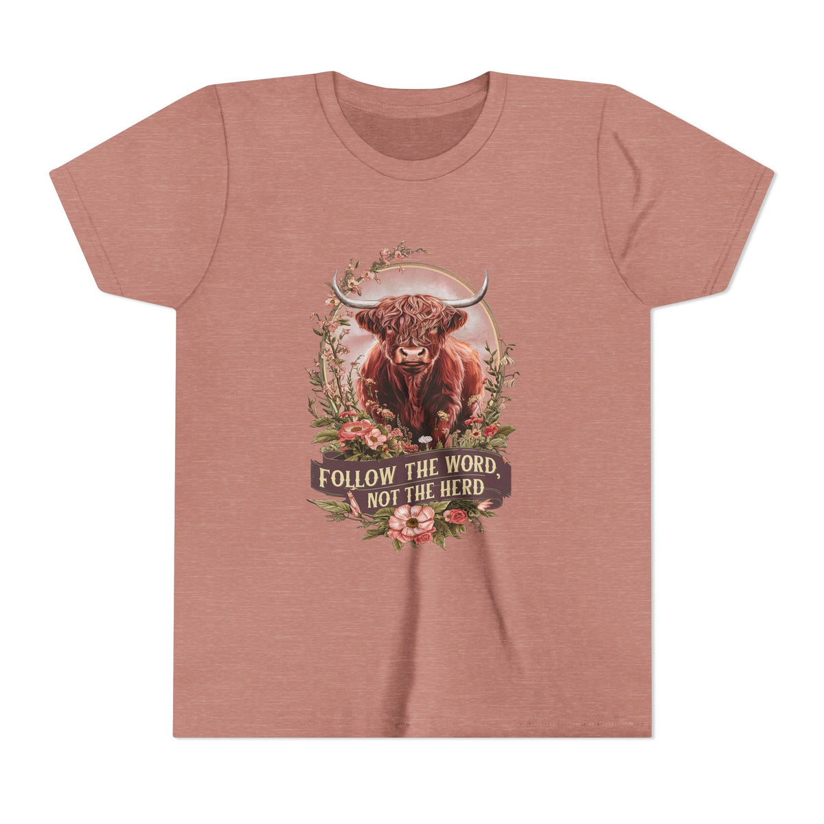 Follow the Word Not the Herd Kids T-Shirt Highland Cow Christian Graphic Tee