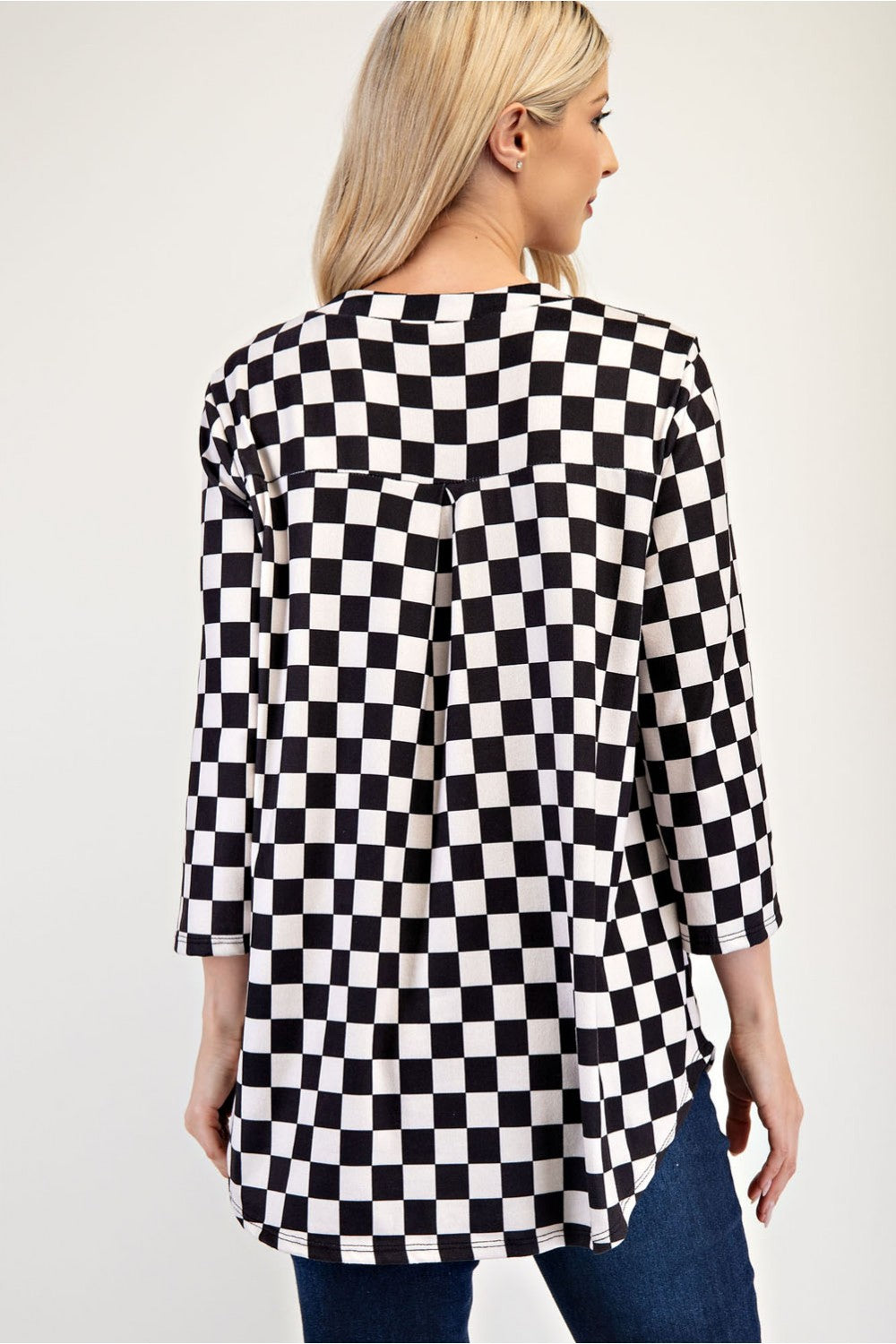 Celeste Full Size Curved Hem Checkered Notched Blouse - Sydney So Sweet