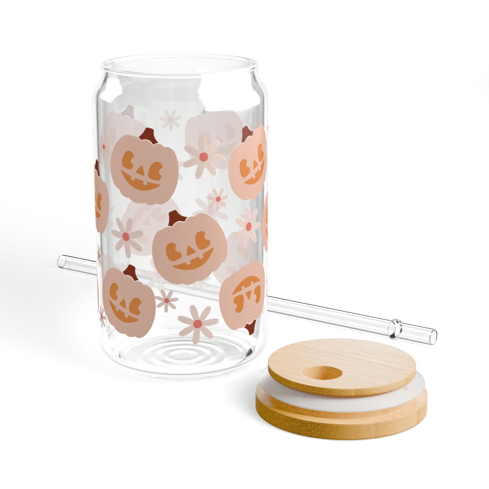 Pumpkin Patch Smiles Halloween Sipper Glass 16oz Reusable Drink Jar with Lid & Straw