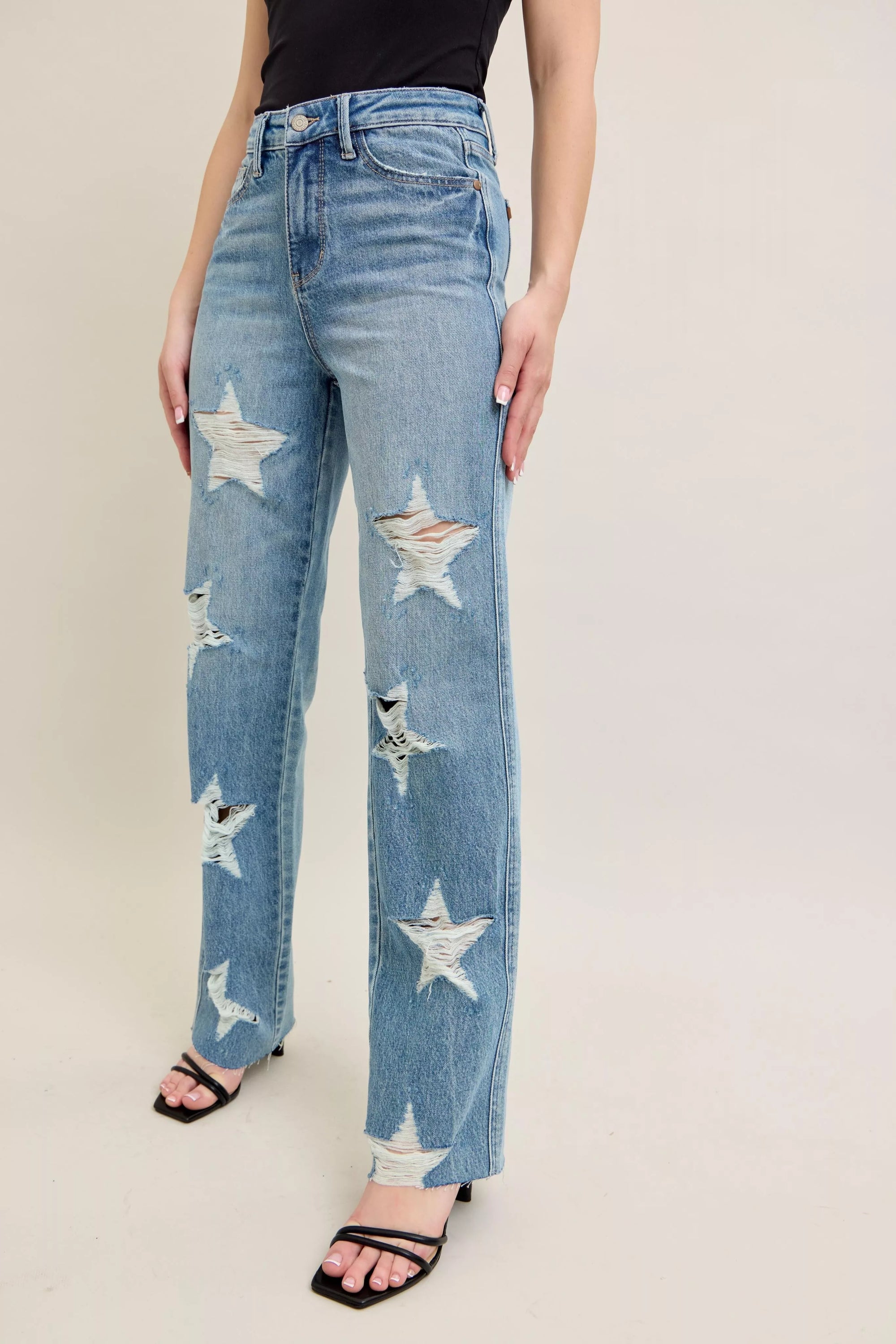 Judy Blue Full Size High Waist Rigid Magic Star Shaped Destroy 90's Straight Jeans Plus Size - Sydney So Sweet