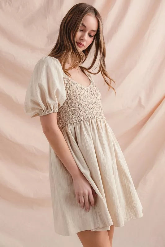 SO ME Textured Woven Daily Dress with Puff Sleeves - Sydney So Sweet