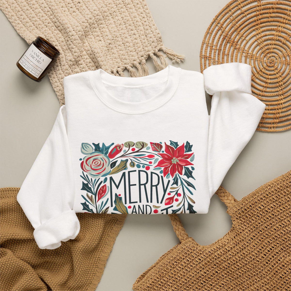 Merry & Bright Christmas Florals Crewneck Unisex Sweatshirt