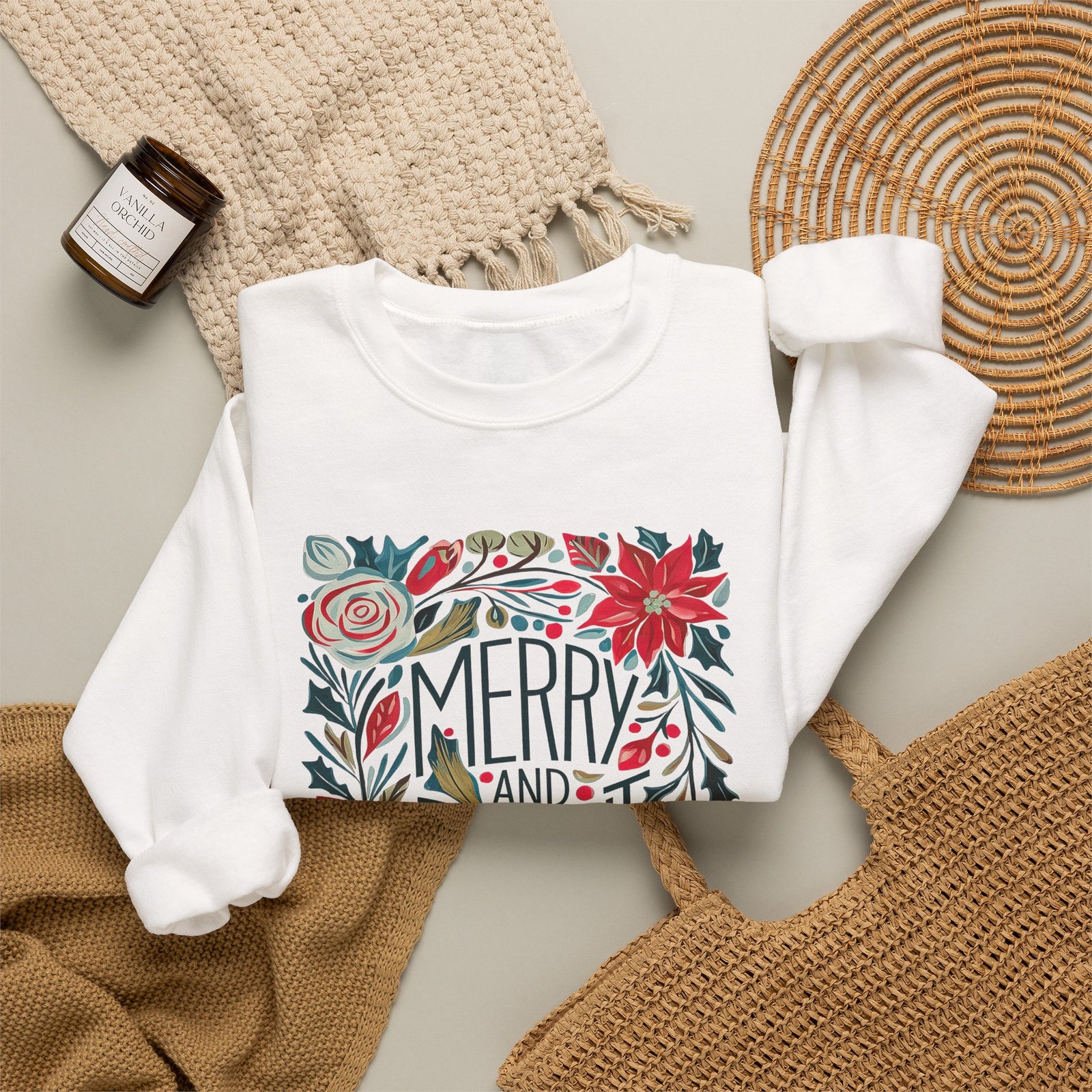 Merry & Bright Christmas Florals Crewneck Unisex Sweatshirt