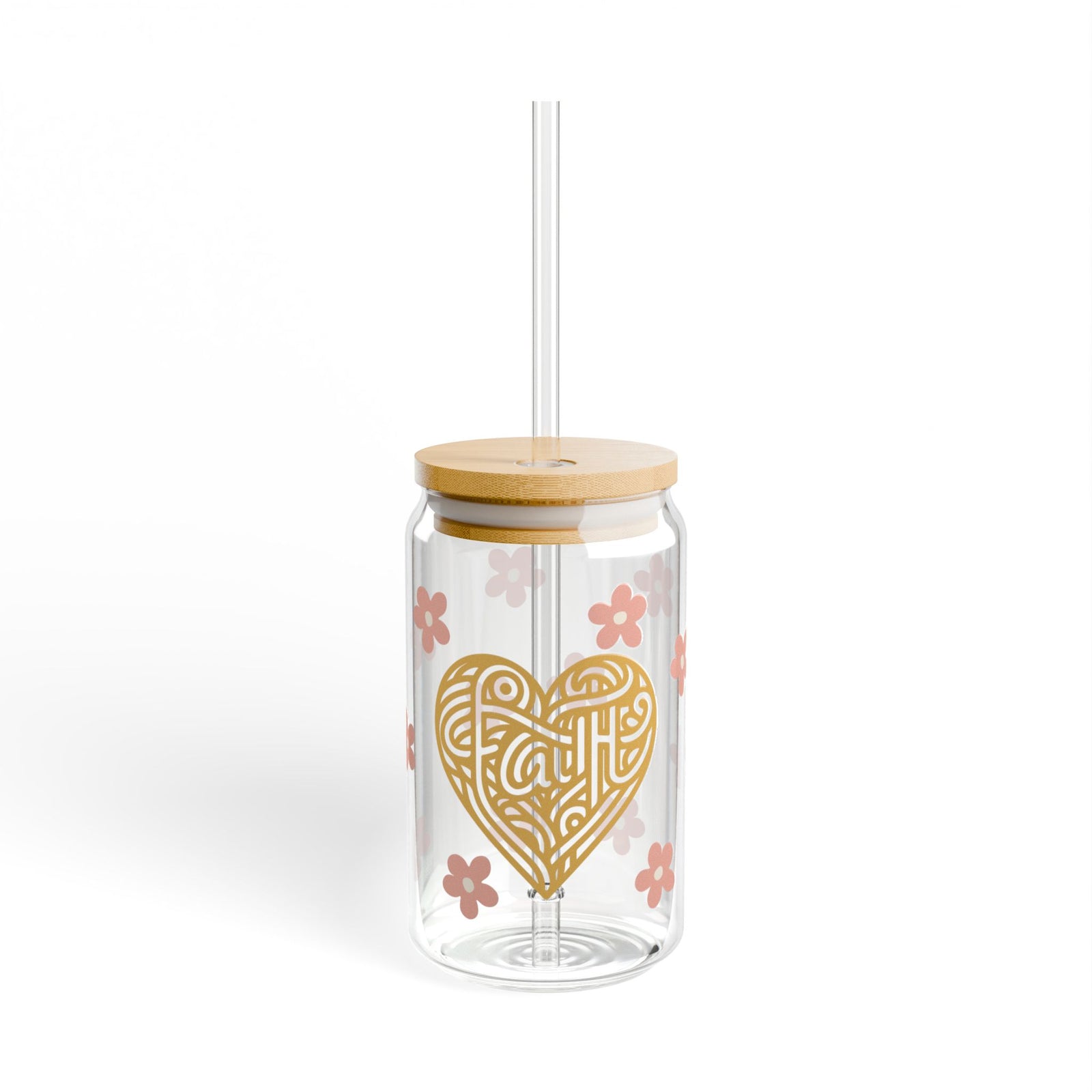 Faith Heart Floral Tumbler Sipper Glass 16oz — Reusable Drink Jar with Lid & Straw