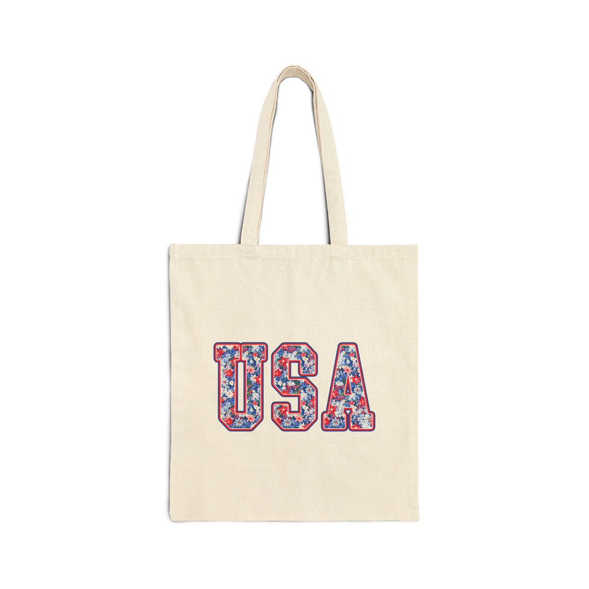 USA Floral Patriotic Cotton Canvas Summer Tote Bag