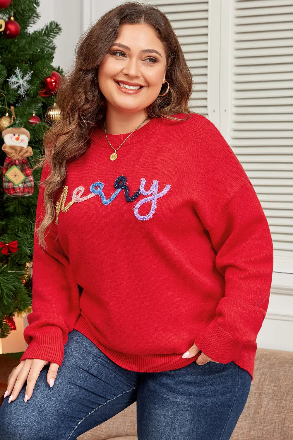 Plus Size MERRY Round Neck Long Sleeve Sweater - Sydney So Sweet