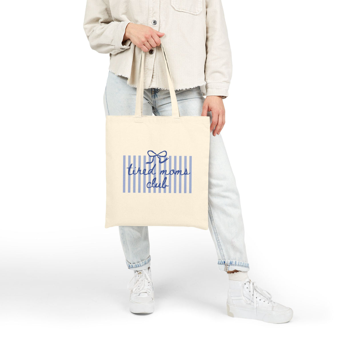 Tired  Moms Club Striped Cotton Canvas Tote Bag