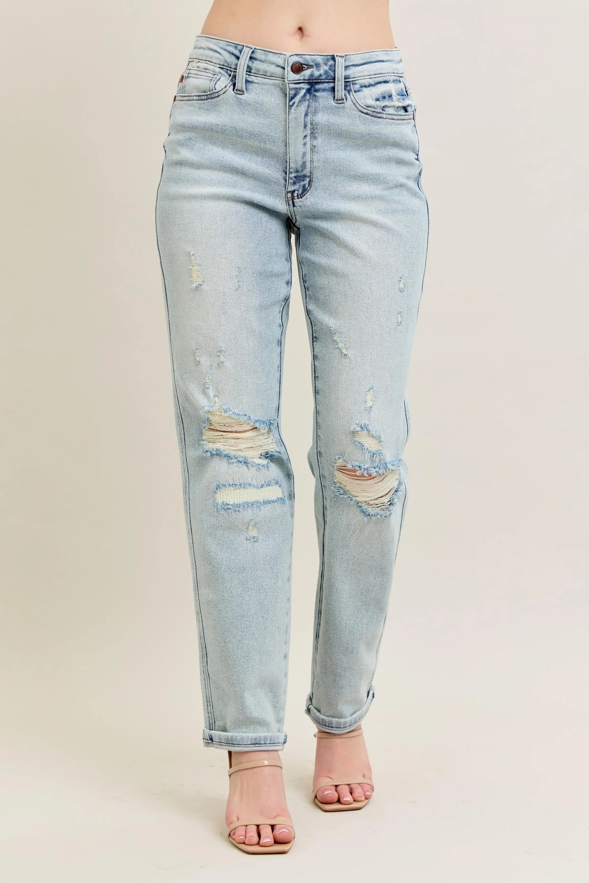 Judy Blue Full Size Mr Repair Stitch Detail Destroy Single Cuff Bf Jeans Plus Size - Sydney So Sweet