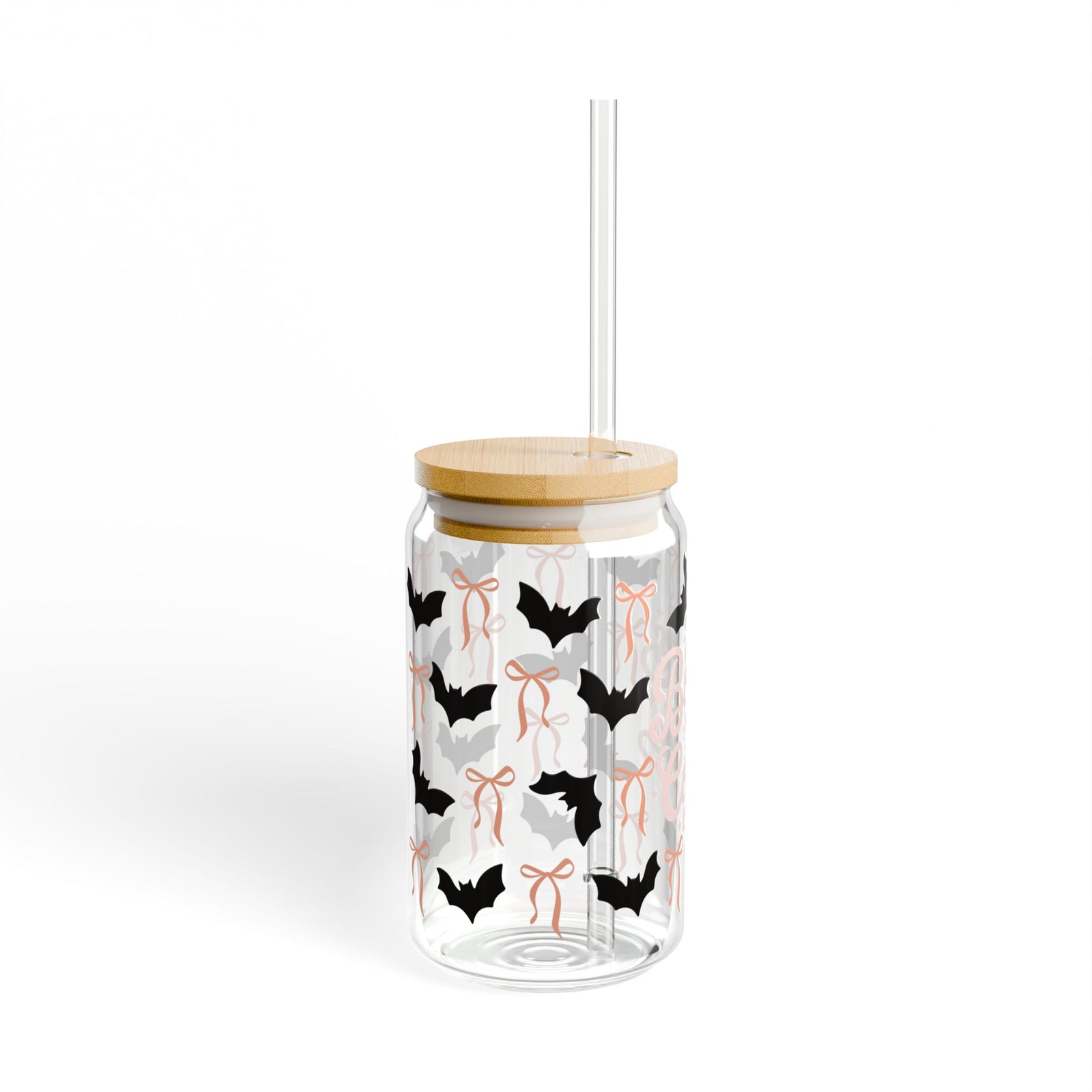 Bats Books & Coffee Sipper Glass 16oz Reusable Drink Jar with Lid & Straw