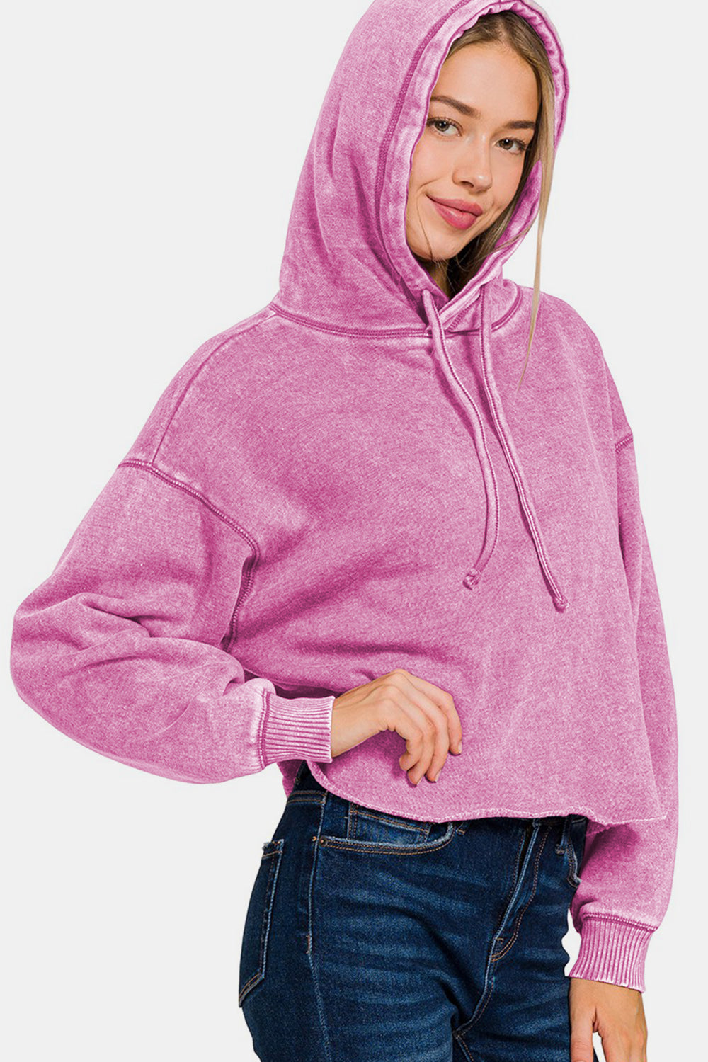 Zenana Acid Wash Fleece Cropped Hoodie - Sydney So Sweet