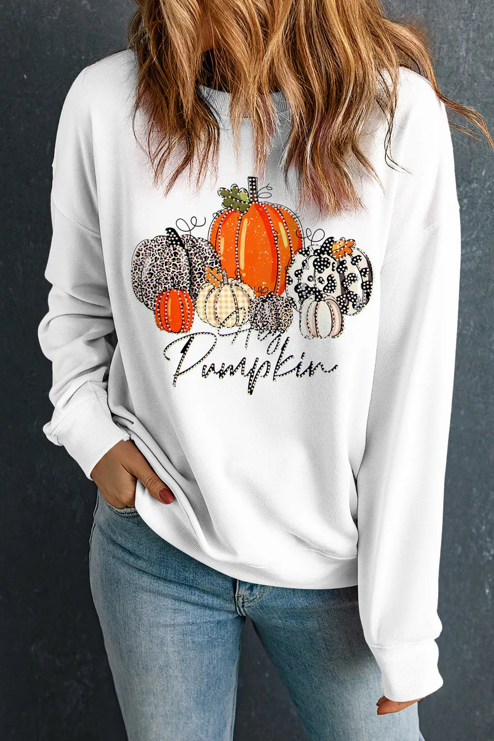 Pumpkin Graphic Round Neck Dropped Shoulder Women&#39;s Sweatshirt - Sydney So Sweet