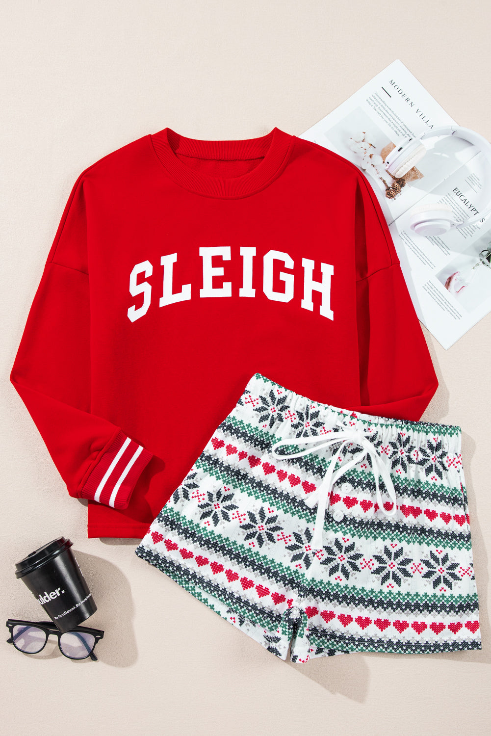 Sleigh Graphic Round Neck Top and Printed Shorts Lounge Set - Sydney So Sweet