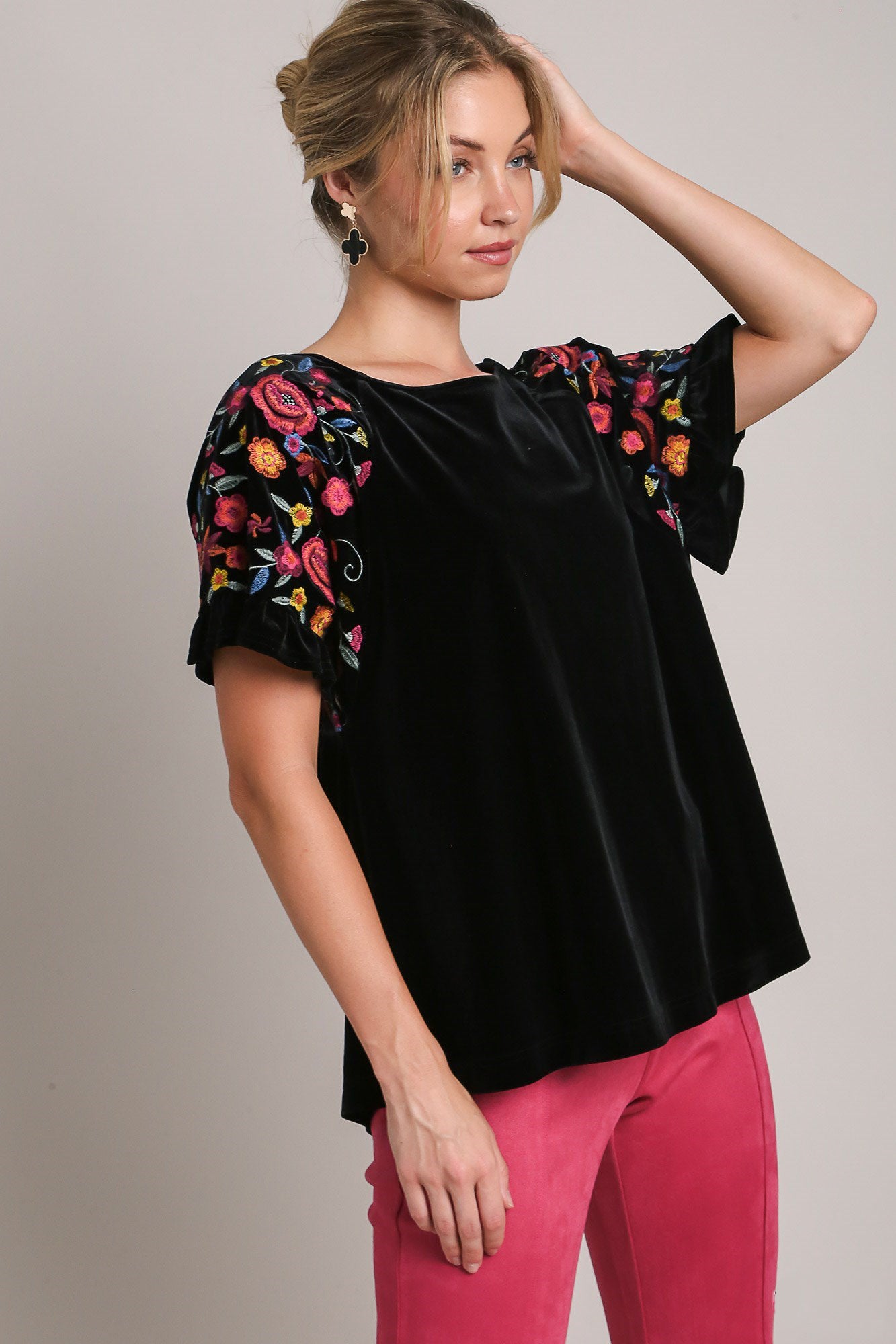 Umgee Full Size Velvet Embroidery Short Sleeve Blouse - Sydney So Sweet