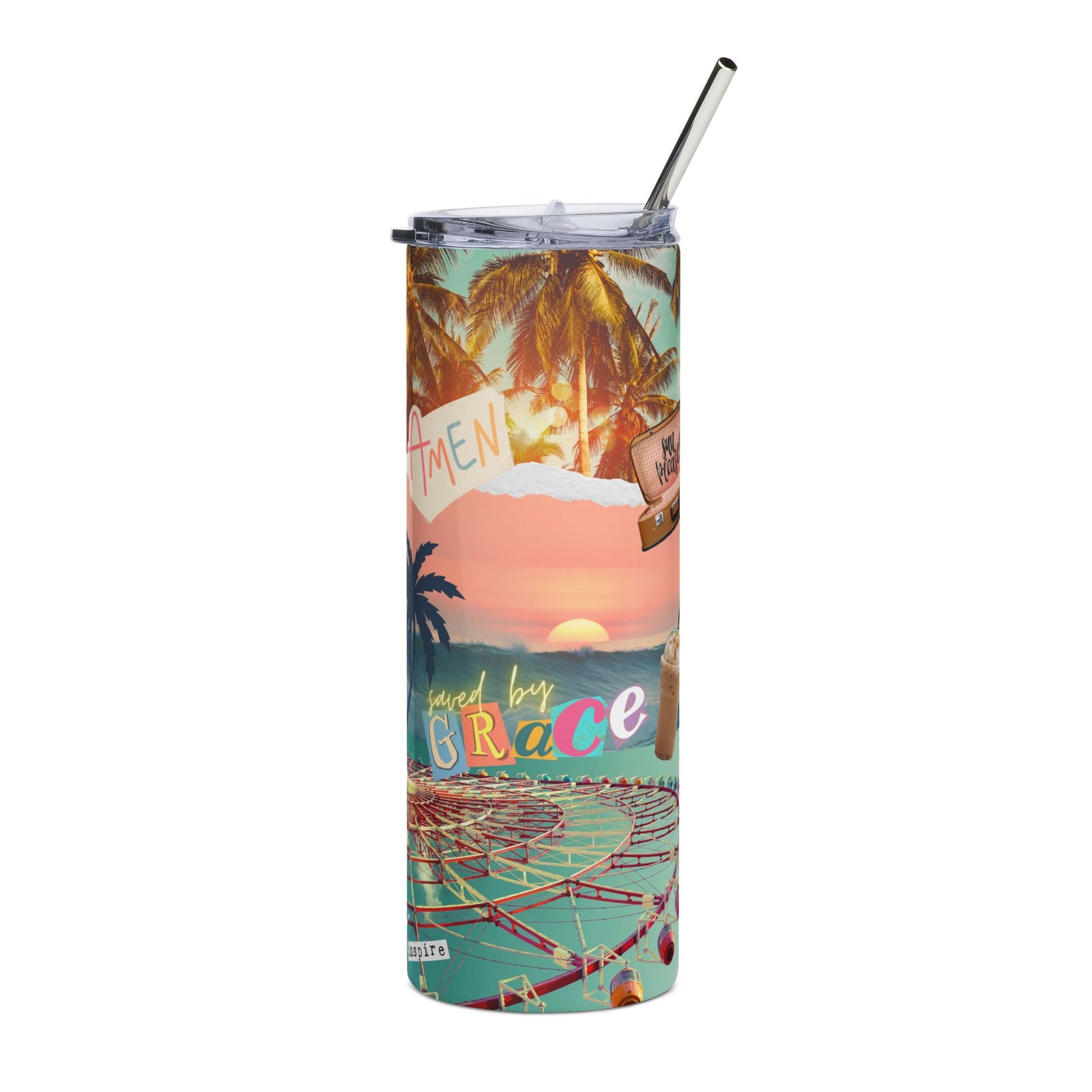 Saved By Grace Beach 20oz Stainless Tumbler Retro Beach Collage Water Bottle