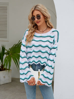 Round Neck Openwork Flare Sleeve Knit Top - Sydney So Sweet