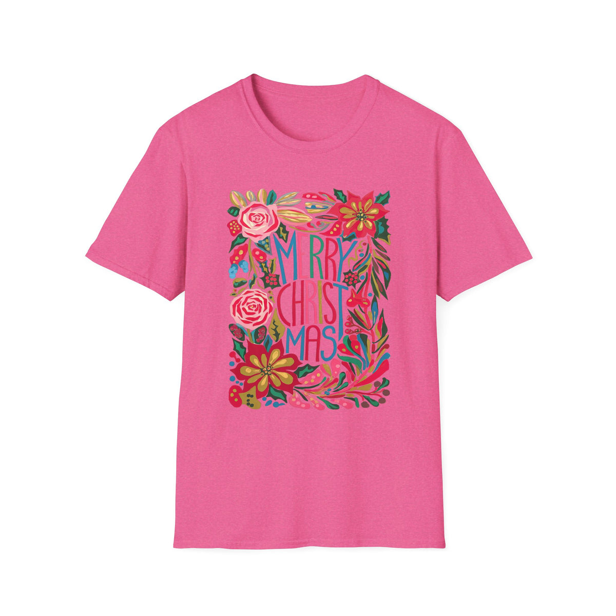 Merry Christmas Bright Holiday Florals Tee Graphic T-Shirt