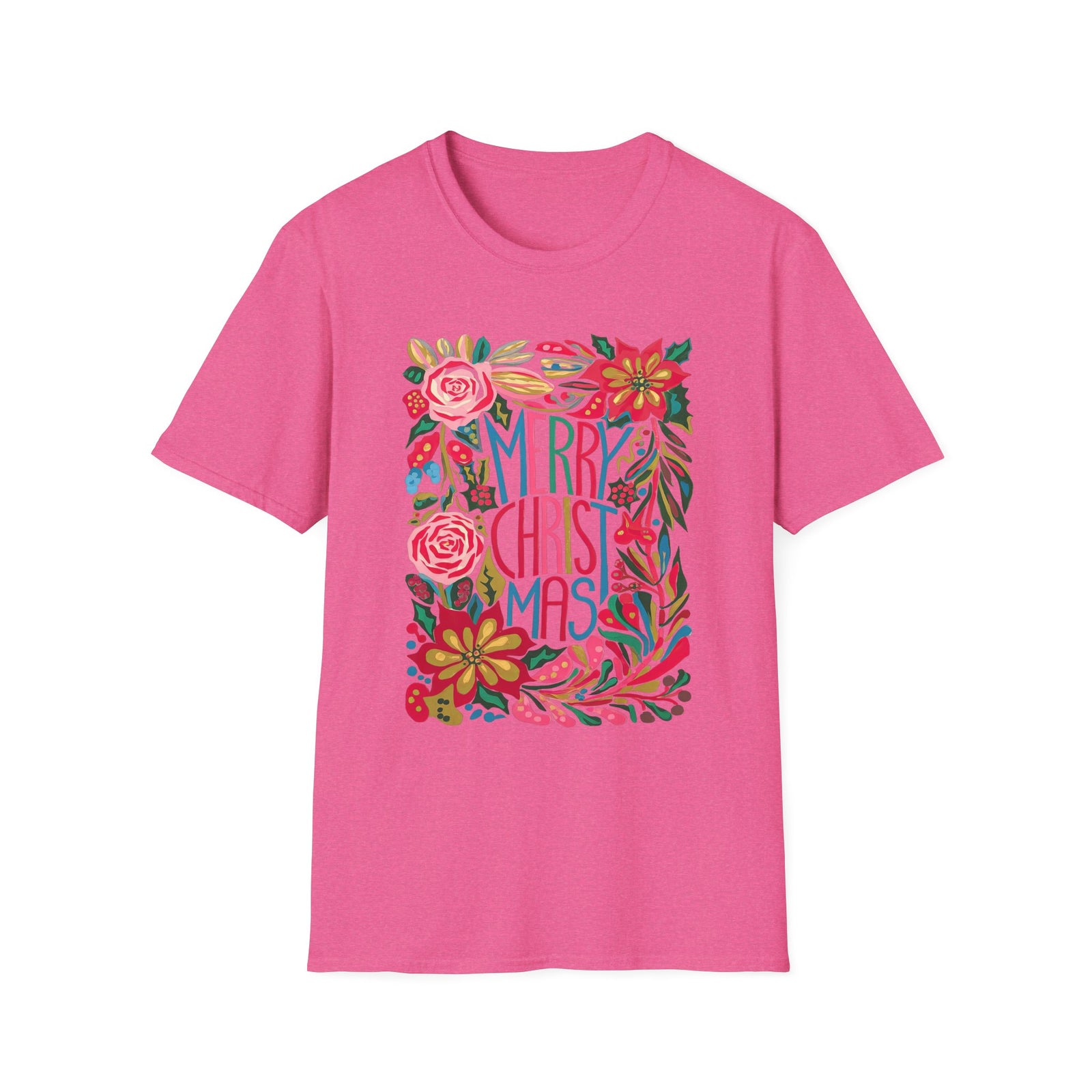 Merry Christmas Bright Holiday Florals Tee Graphic T-Shirt