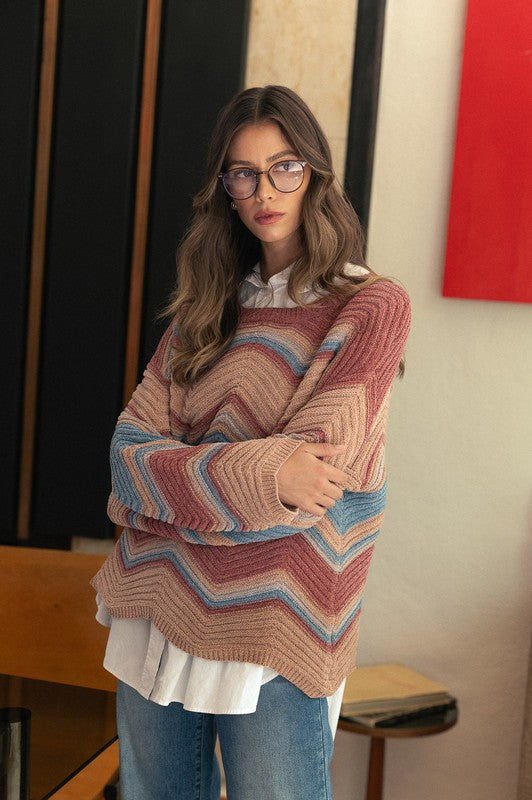 Annie Wear Multi Color Zig-Zag Round Neck Sweater - Sydney So Sweet