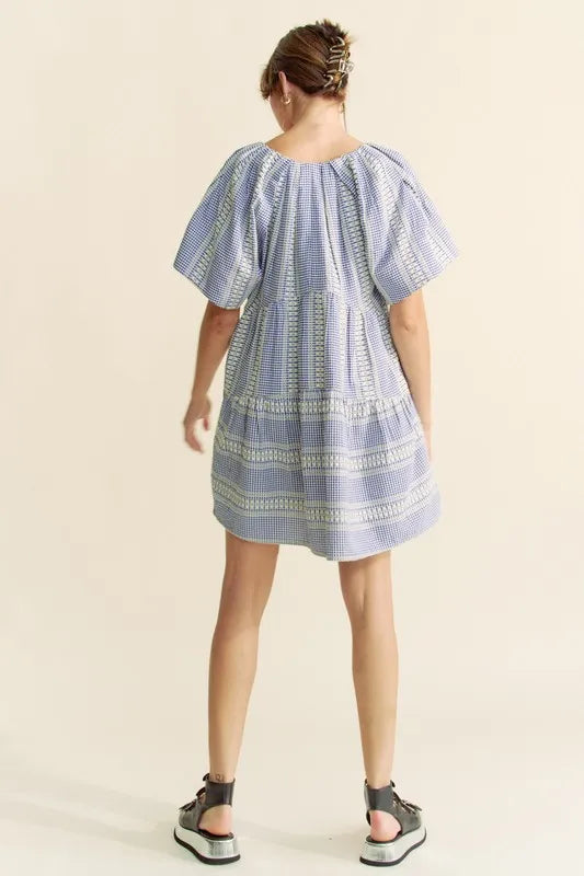 Davi & Dani Embroidered Stripe Ruffled Gingham Mini Dress - Sydney So Sweet