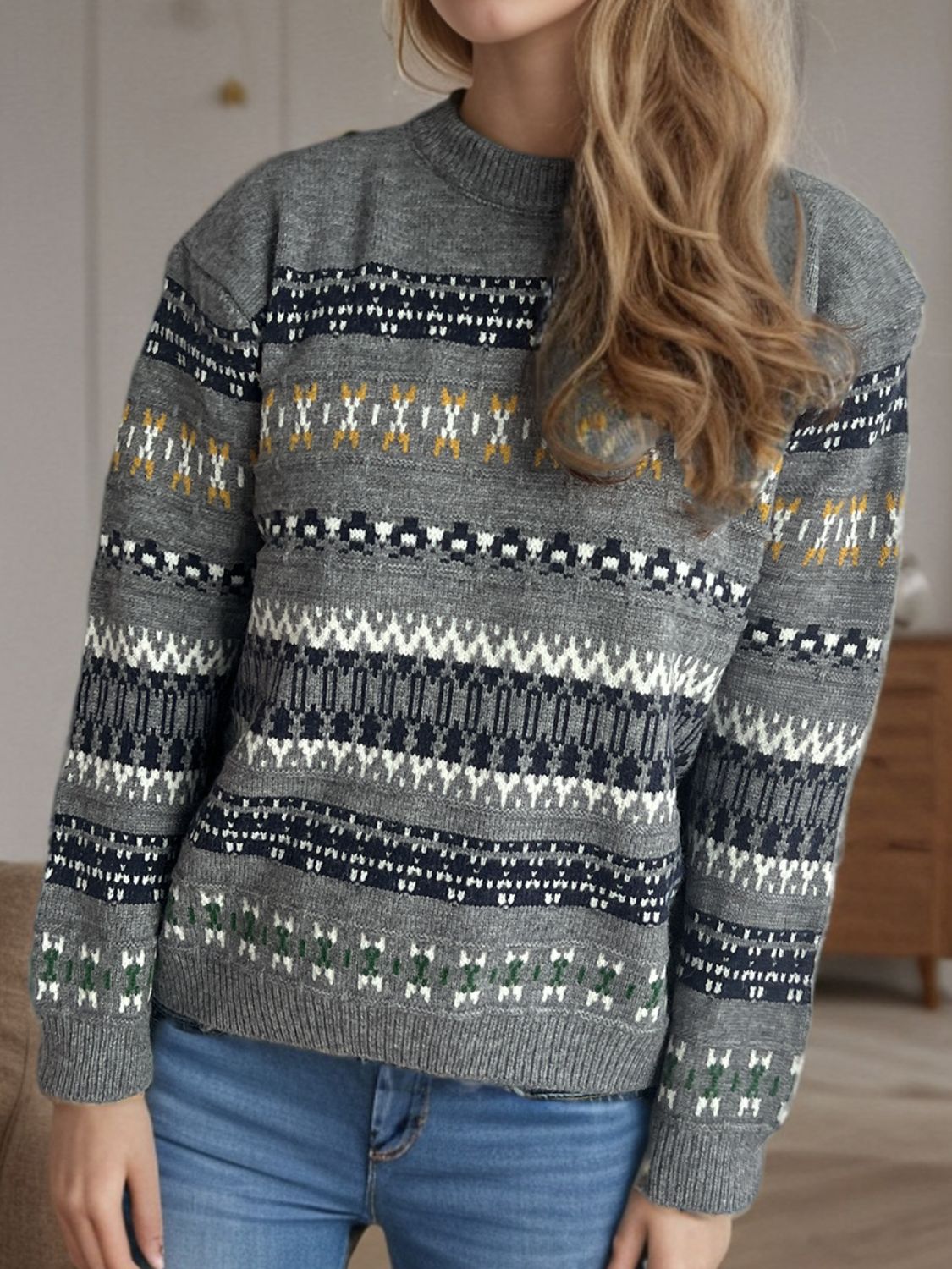 Geometric Round Neck Long Sleeve Sweater - Sydney So Sweet