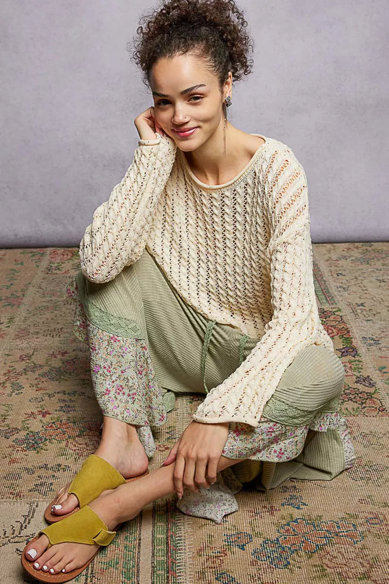 POL Openwork Round Neck Knit Top with Shiny Detail - Sydney So Sweet