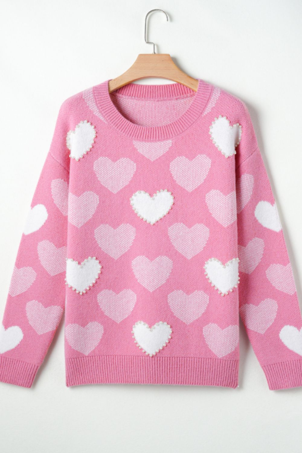 Pearl Trim Heart Round Neck Long Sleeve Sweater - Sydney So Sweet