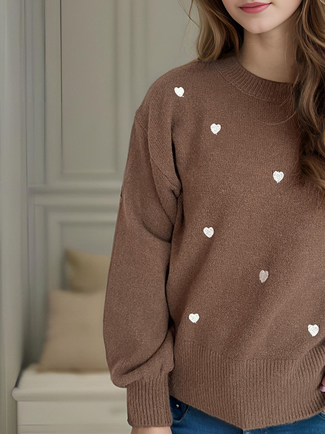 Heart Round Neck Long Sleeve Sweater - Sydney So Sweet