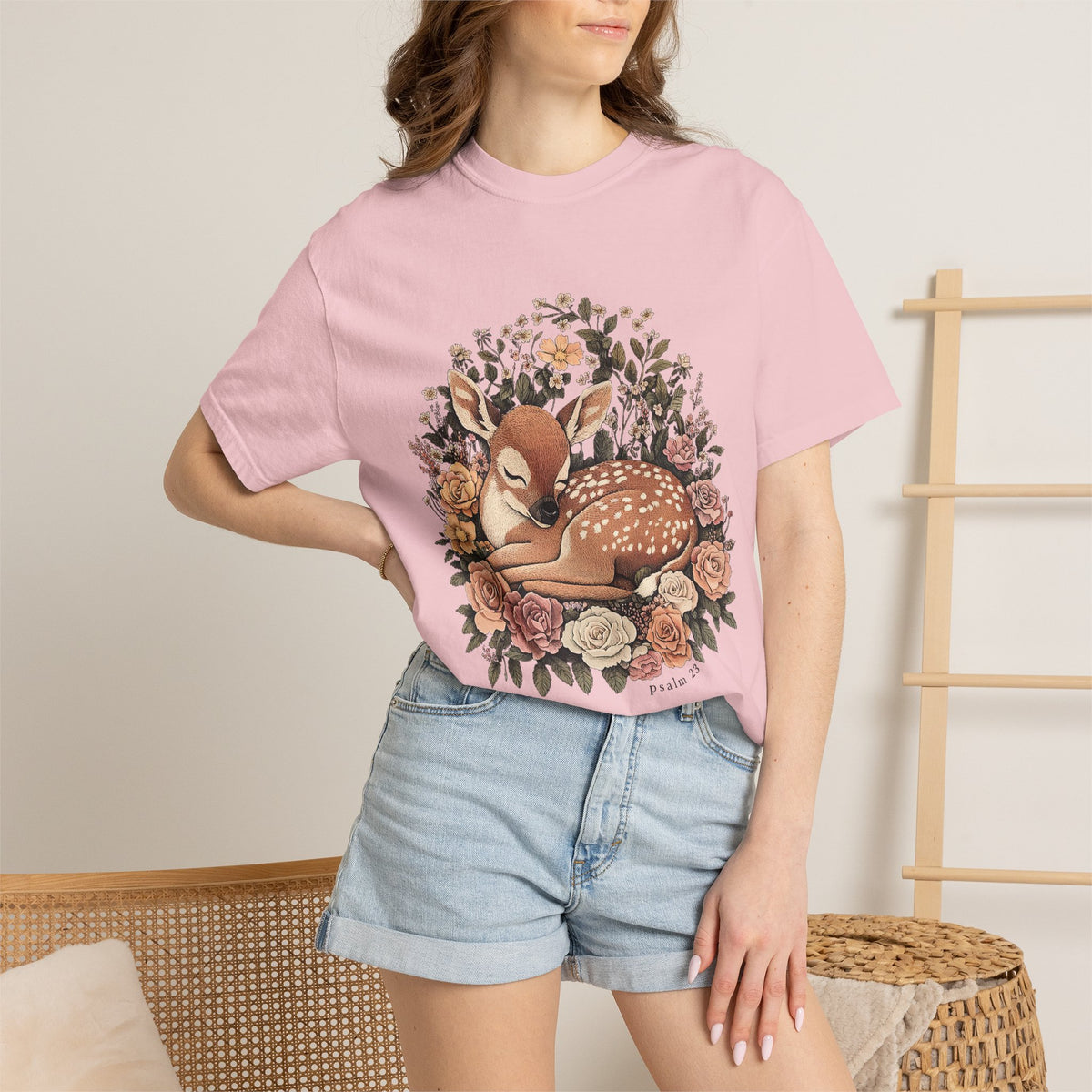 Sleeping Fawn Floral T-Shirt Psalm 23 Inspirational Christian Tee