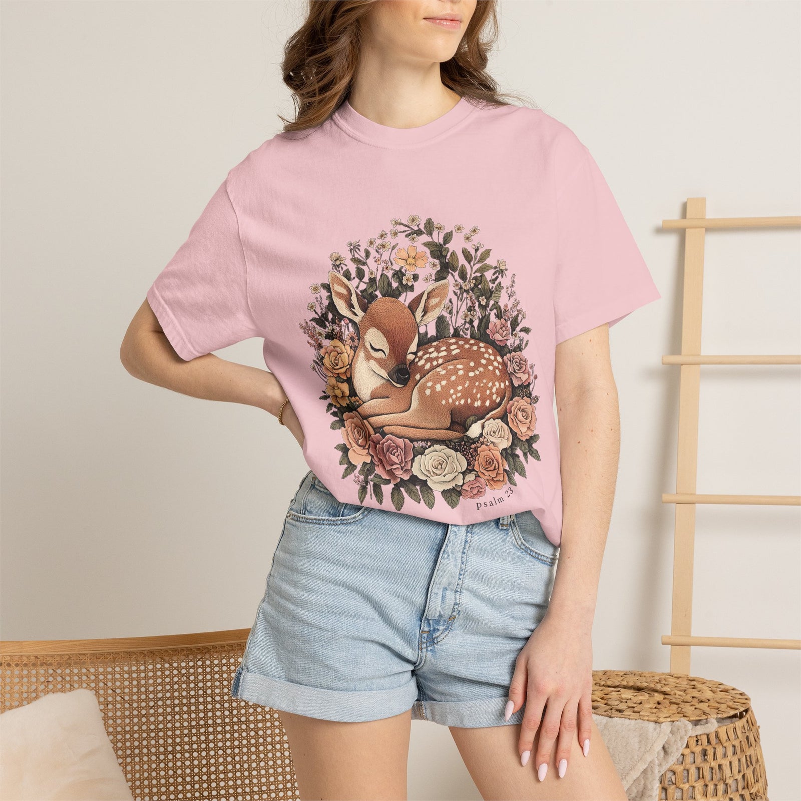Sleeping Fawn Floral T-Shirt Psalm 23 Inspirational Christian Tee