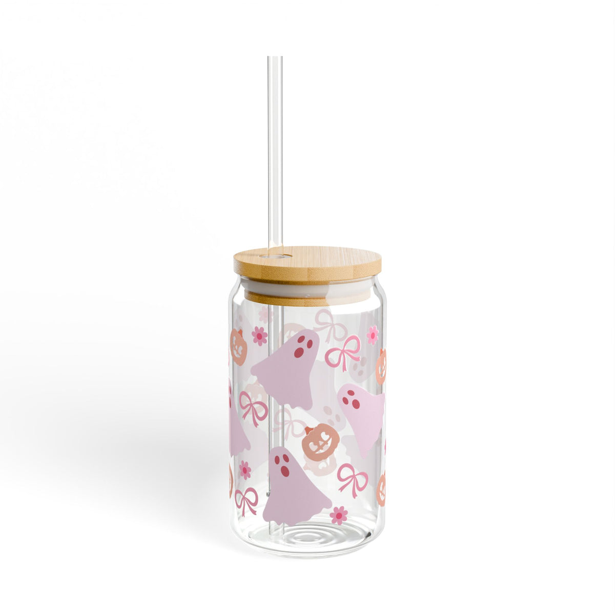 Girly Ghost Halloween Sipper Glass 16oz Reusable Drink Jar with Lid & Straw