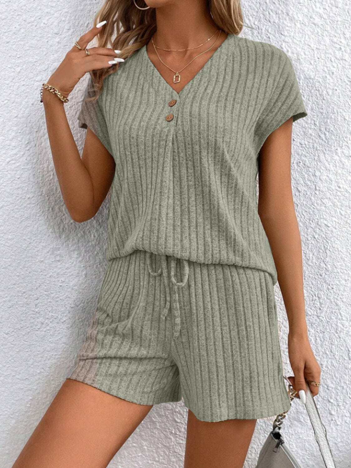 Ribbed V-Neck Top and Shorts Set - Sydney So Sweet