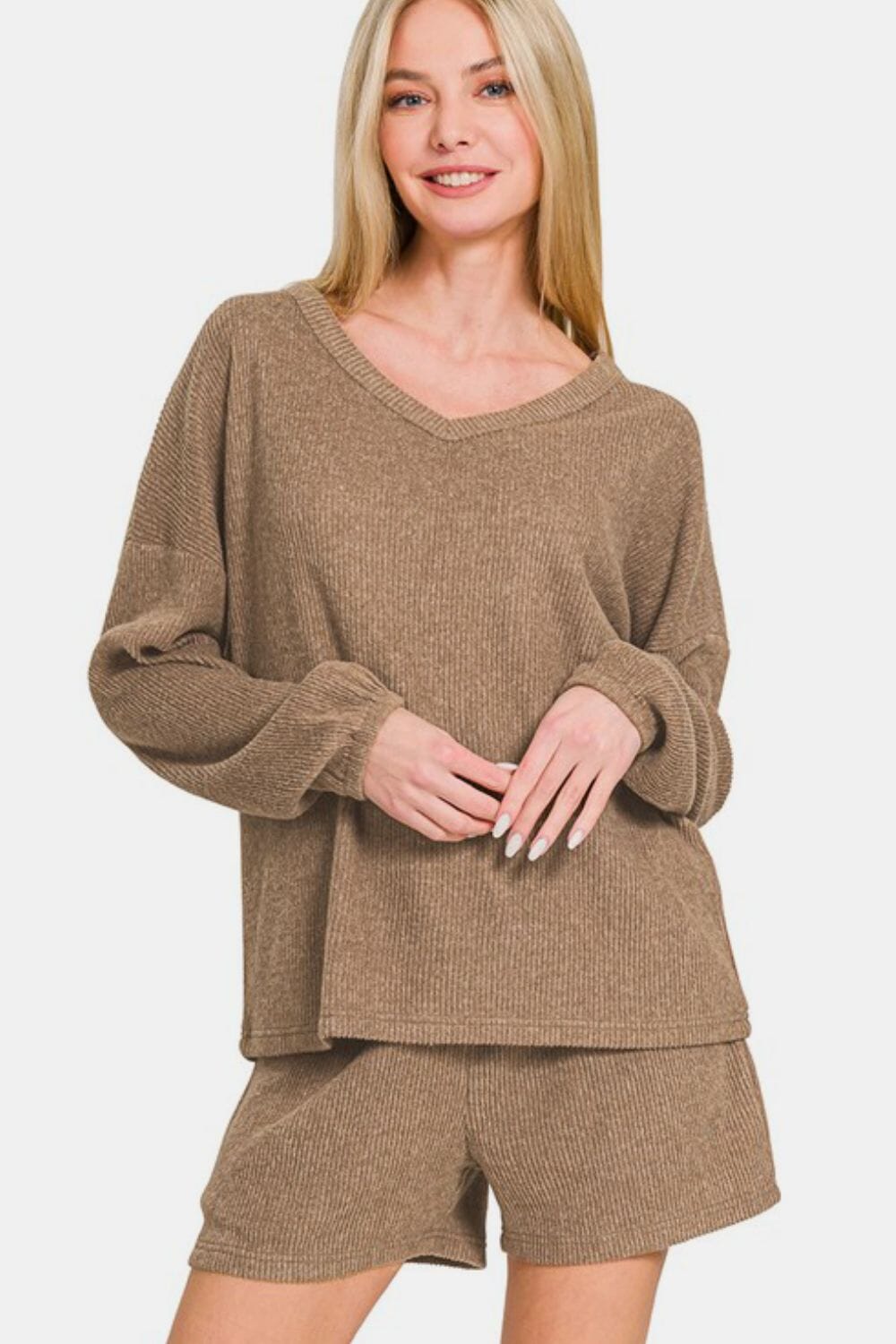 Zenana V-Neck Long Sleeve Ribbed Top and Shorts Set - Sydney So Sweet