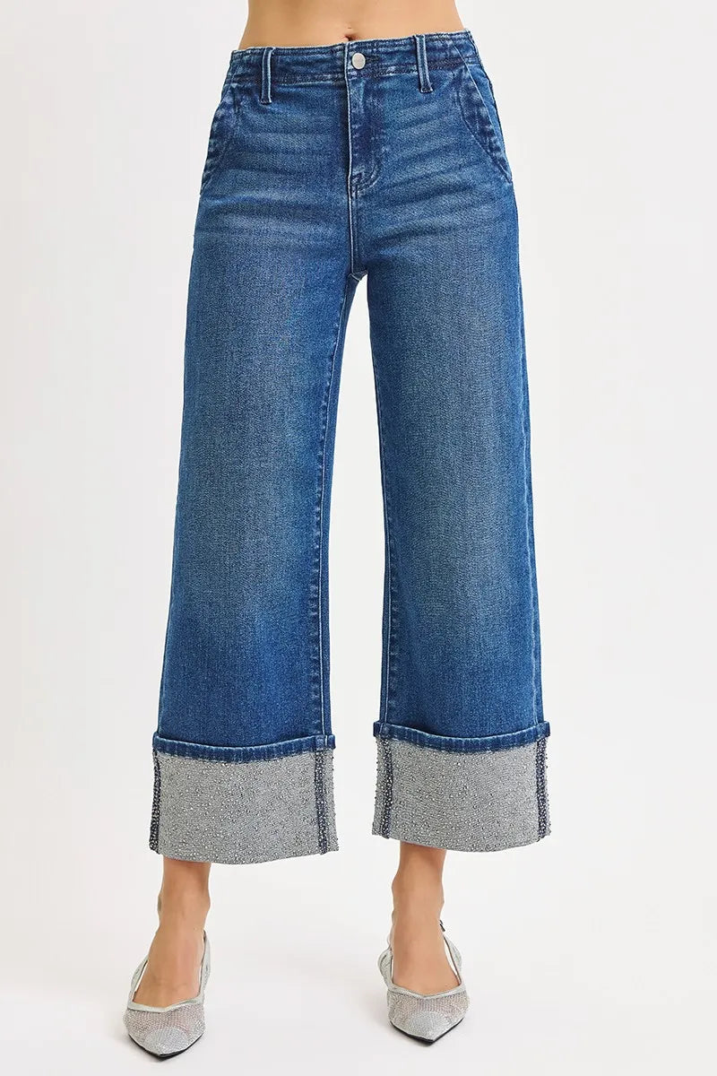 RISEN High Rise Ankle Wide Rhine Stone Cuffed Jeans - Sydney So Sweet
