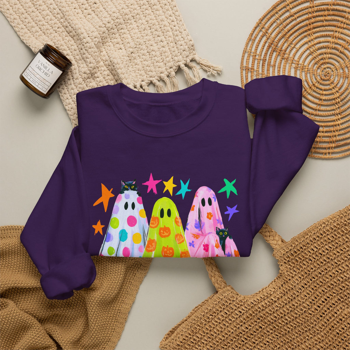 Colorful Polka Dot Halloween Ghost Sweatshirt Fun Graphic Crewneck