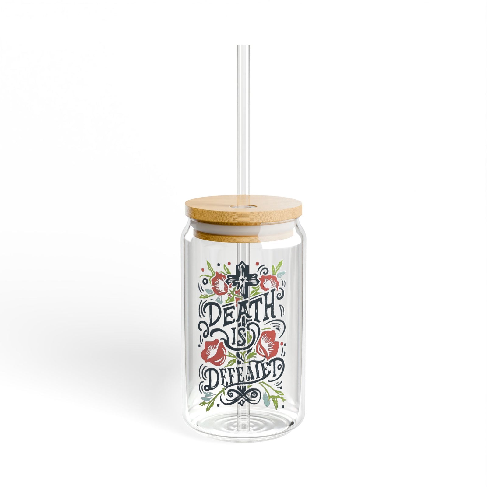 Death Is Defeated Christian Sipper Glass 16oz Reusable Drink Jar with Lid & Straw