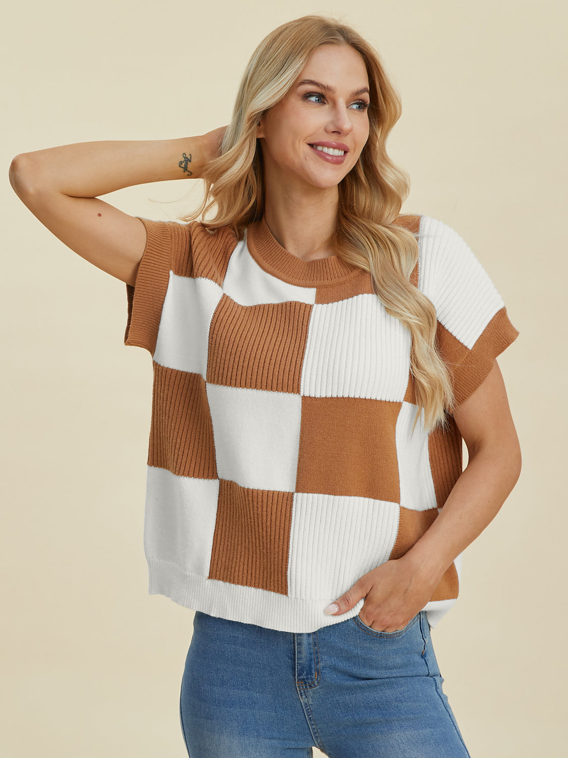 Double Take Full Size Checkered Round Neck Short Sleeve Sweater - Sydney So Sweet