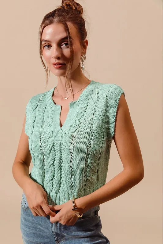 SO ME Notched Neck Cable Knit Sweater Vest - Sydney So Sweet