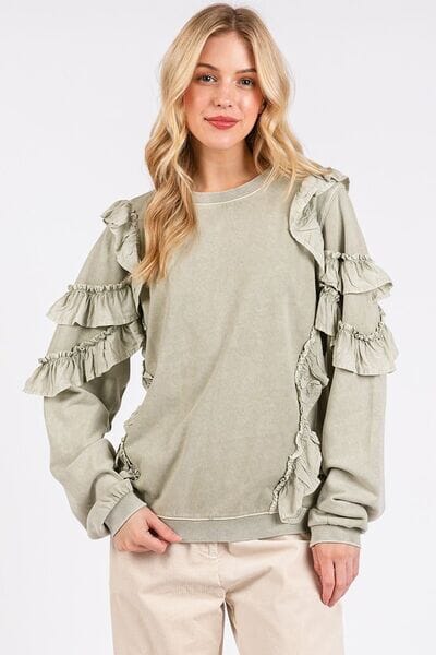 Mittoshop Ruffled Mineral Washed Round Neck Long Sleeve Sweatshirt - Sydney So Sweet