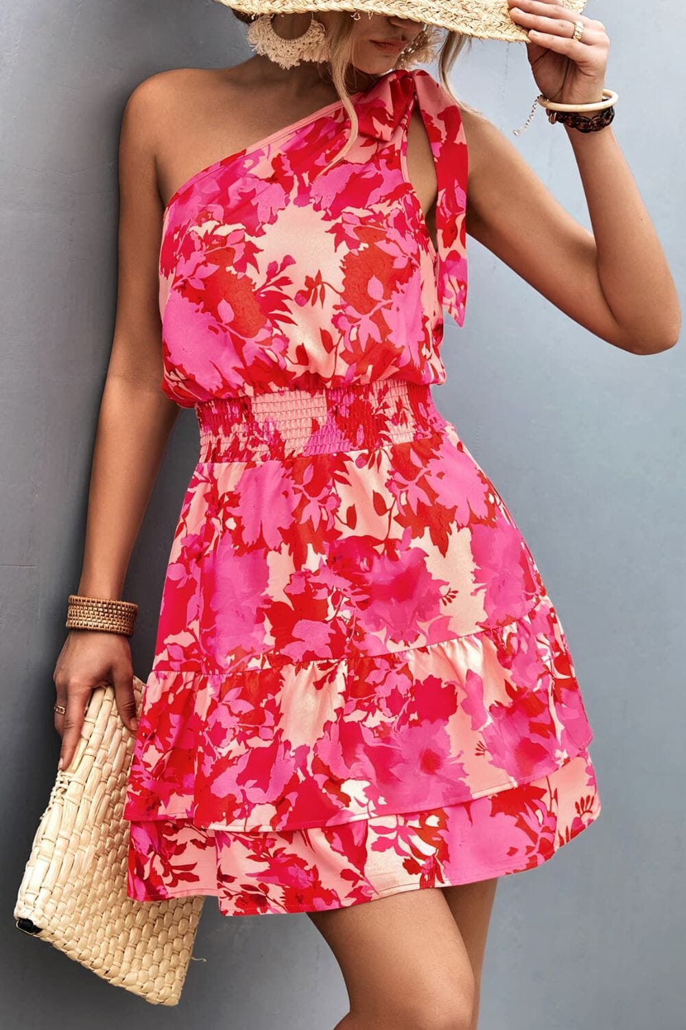 Tied Smocked Printed Single Shoulder Dress - Sydney So Sweet