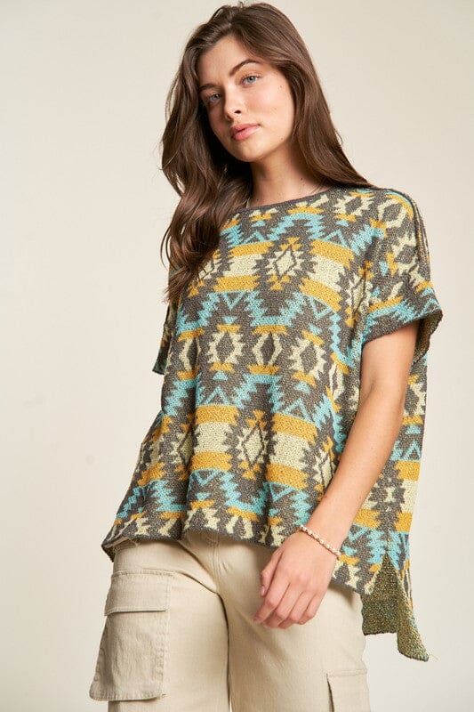 Davi & Dani High-Low Geometric Round Neck Knit Top - Sydney So Sweet