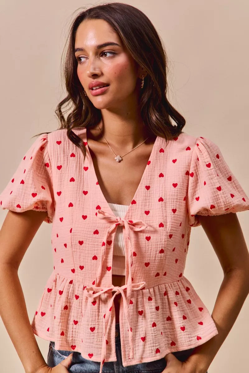 SO ME All Over Heart Ribbon Tie Baby Doll Valentine Blouse - Sydney So Sweet