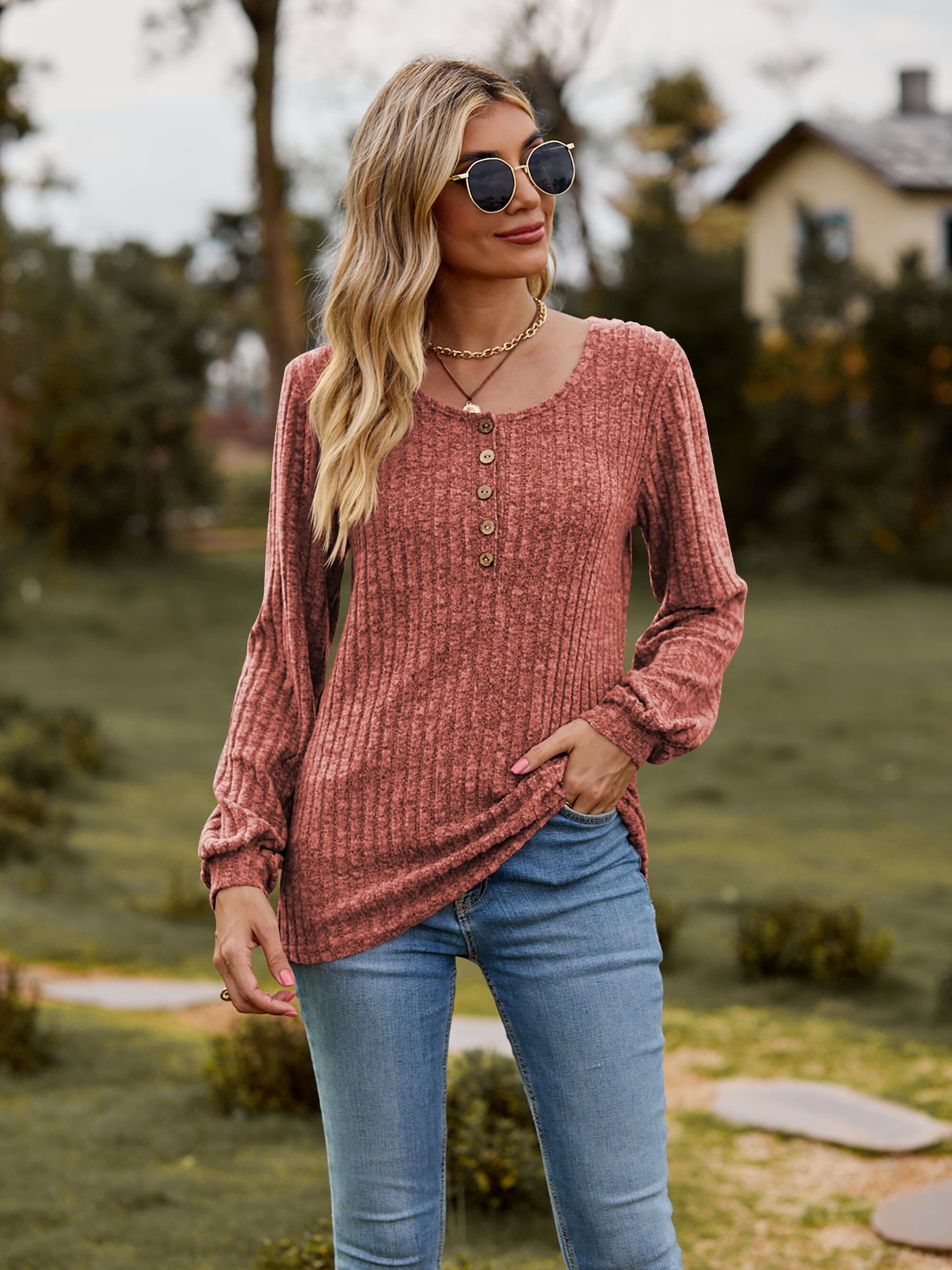 Round Neck Button-Down Long Sleeve Tee - Sydney So Sweet