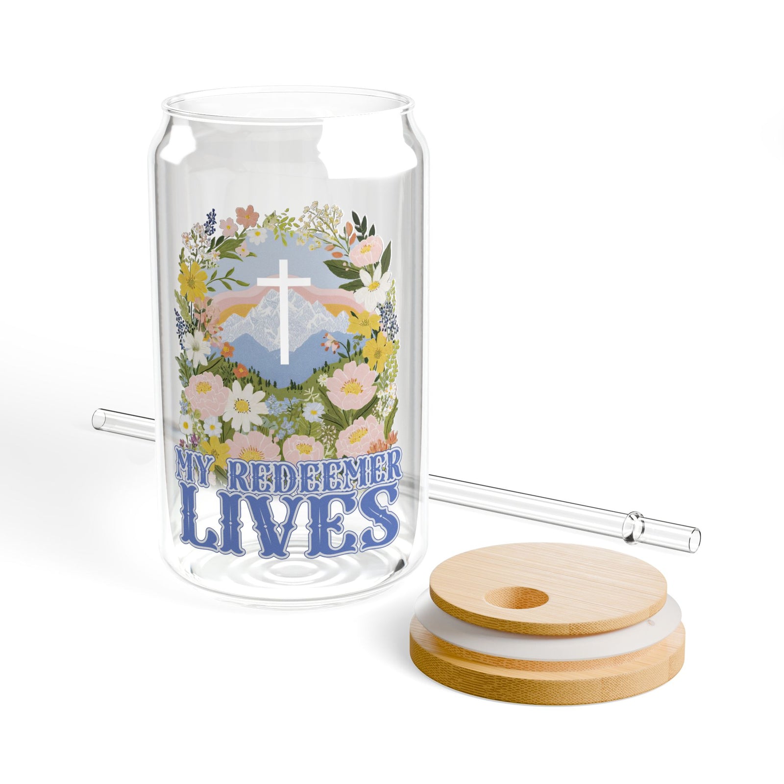 My Redeemer Lives Easter Inspirational Sipper Glass 16oz — Reusable Drink Jar with Lid & Straw