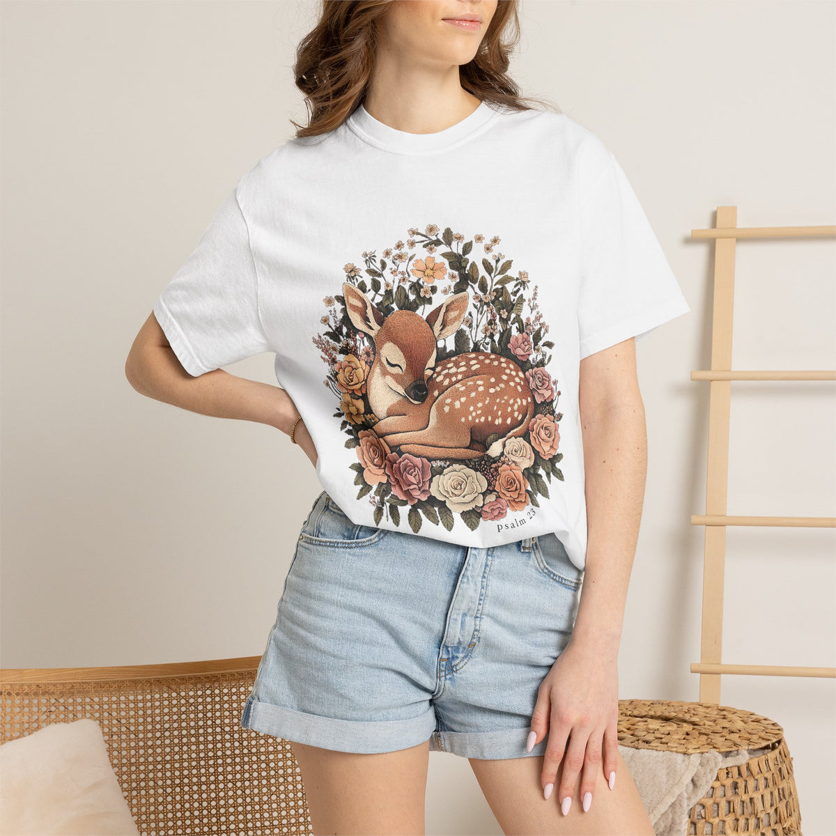 Sleeping Fawn Floral T-Shirt Psalm 23 Inspirational Christian Tee